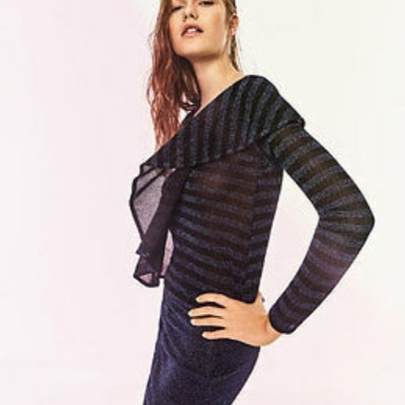 Zara Frill Metallic V-neck Stripe Sheer Blouse M - Picture 5 of 8